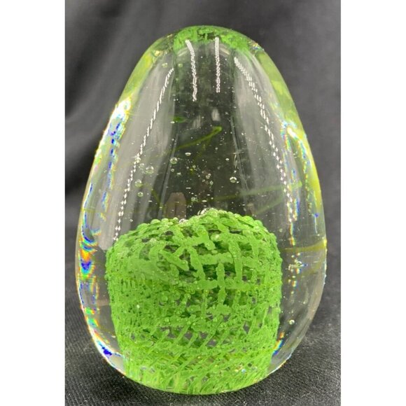 Art Glass Egg Paperweight Clear Green Lattice Weave 3" - Picture 5 of 7